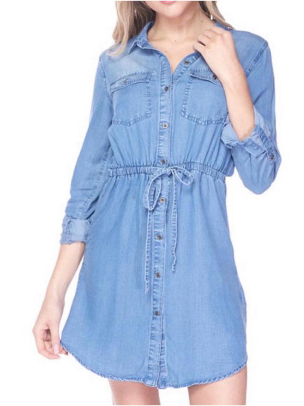 Love Tree Light Blue Denim Shirt Dress with Drawstring Waist